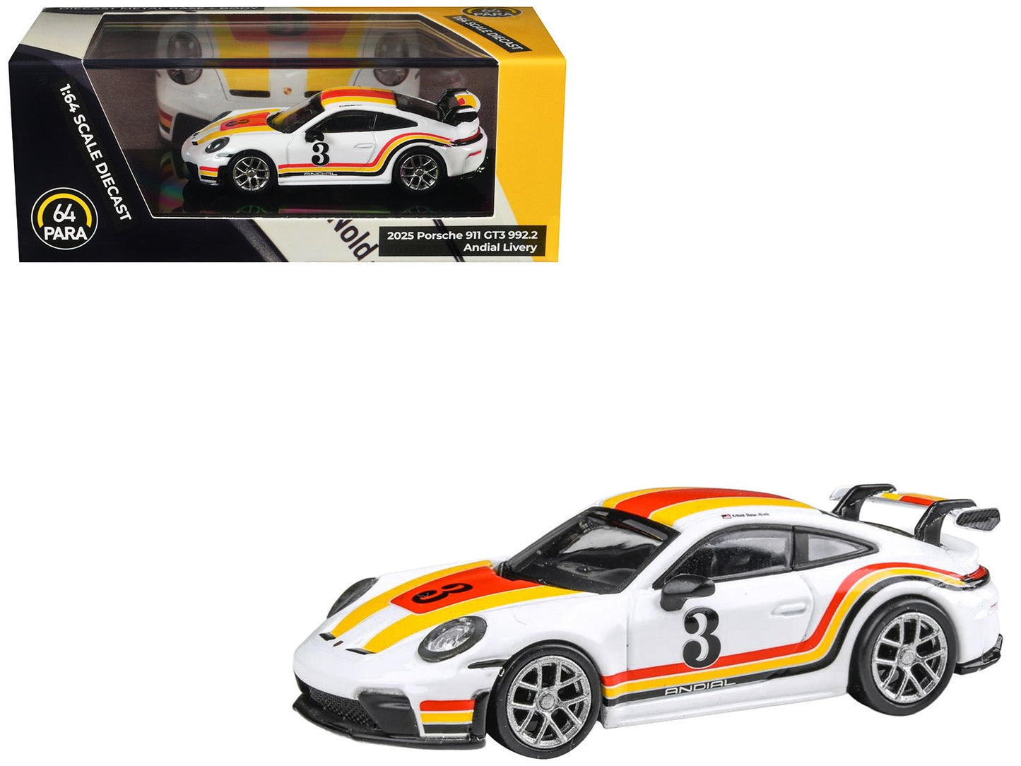 2025 Porsche 911 GT3 (992.2) #3 "Andial Livery" White with Stripes 1/64 Diecast Model Car by Paragon Models  free shipping USA
