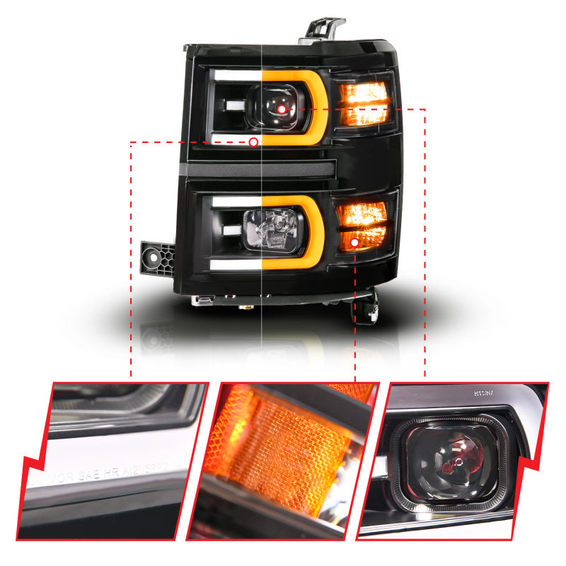 ANZO 14-15 Chevy Silverado 1500 Black Dual Switchback+Sequential LED Tube Sq. Projector Headlights 111617