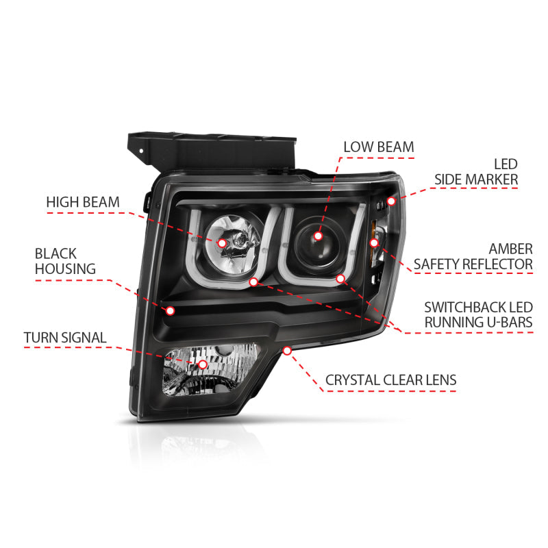 Anzo Ford F-150 09-14 Projector Switchback Headlights U-Bar Black W/ Amber