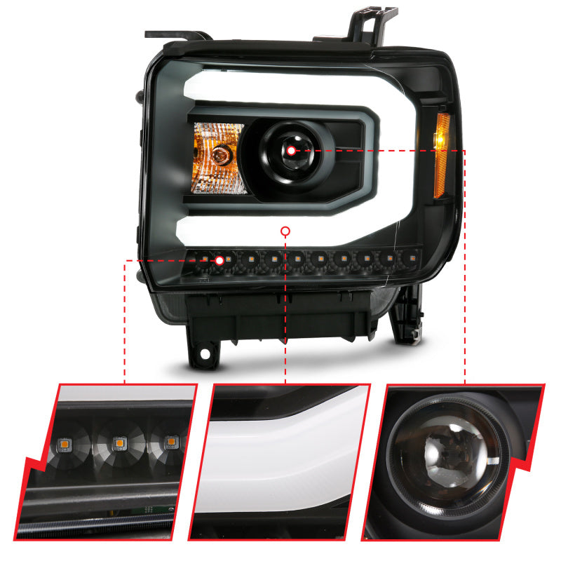 ANZO 2014-2015 Gmc Sierra 1500 Projector Headlight Plank Style Black w/ Switchback (Halogen Type) 111487