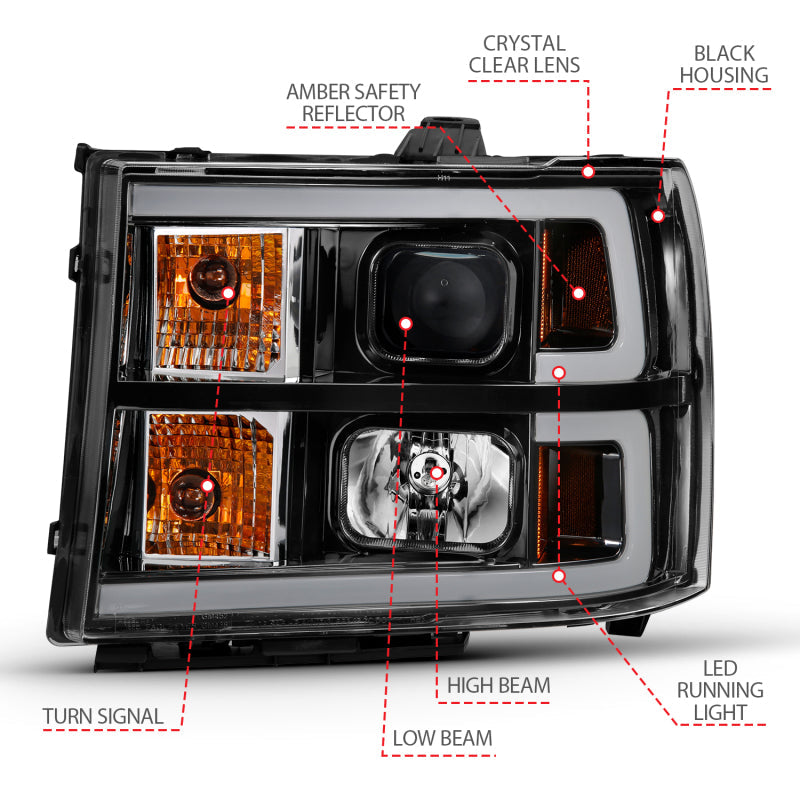 ANZO 2007-2013 Gmc Sierra 1500 Projector Headlight Plank Style Black w/ Clear Lens Amber 111482