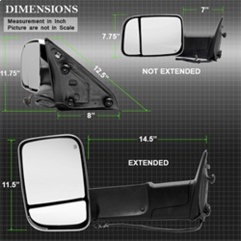 SPYDER Xtune Dodge Ram 1500 09-12 Extendable Power Heated Adjust Mirror Chrome HoUSing Left MIR-DRAM10-PW-L 9933165