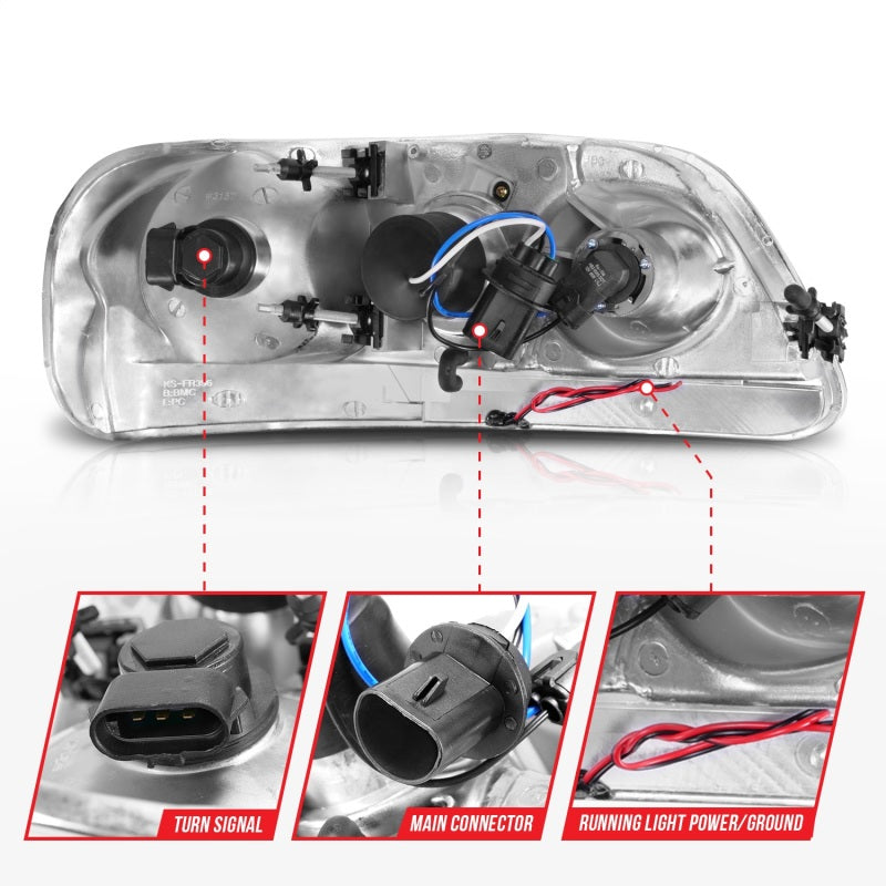 ANZO 1997-2003 Ford F-150 Projector Headlights w/ Light Bar Chrome Housing 111504