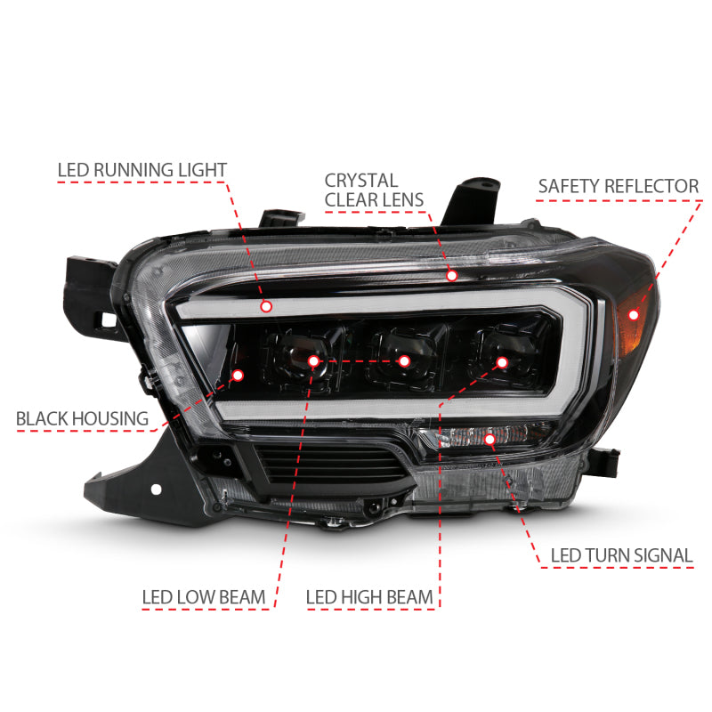 ANZO 2016-2018 Toyota Tacoma LED Projector Headlights Plank Style Black w/ Amber 111496