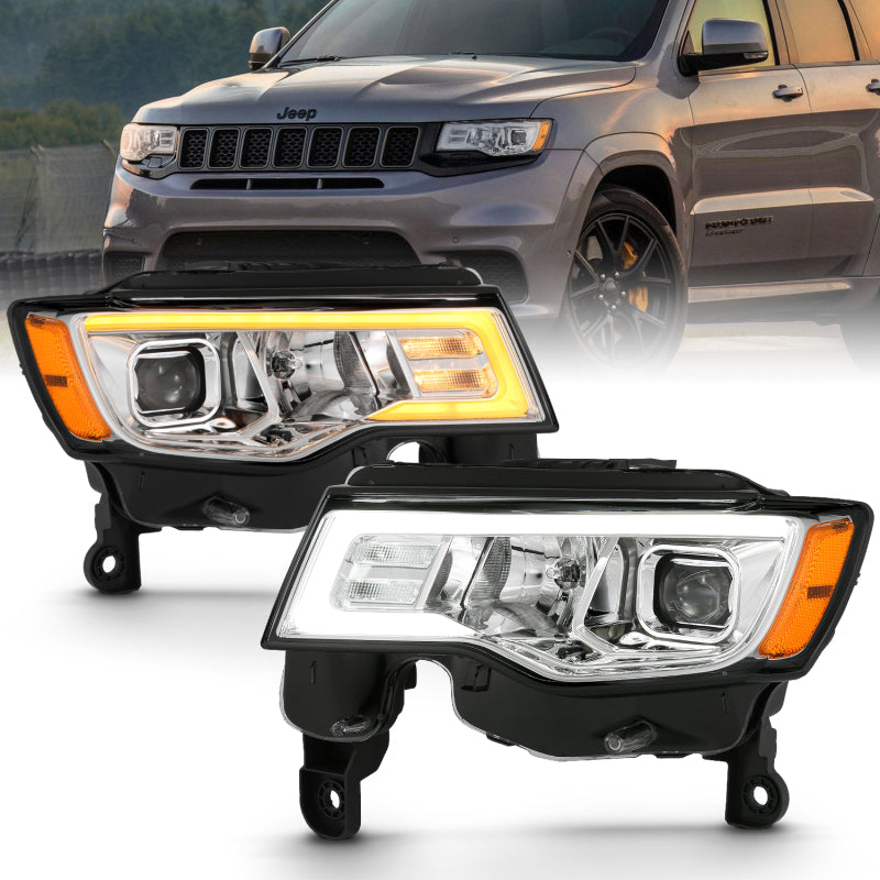 ANZO 2017-2018 Jeep Grand Cherokee Projector Headlights w/ Plank Style Switchback - Chrome w/ Amber 111419