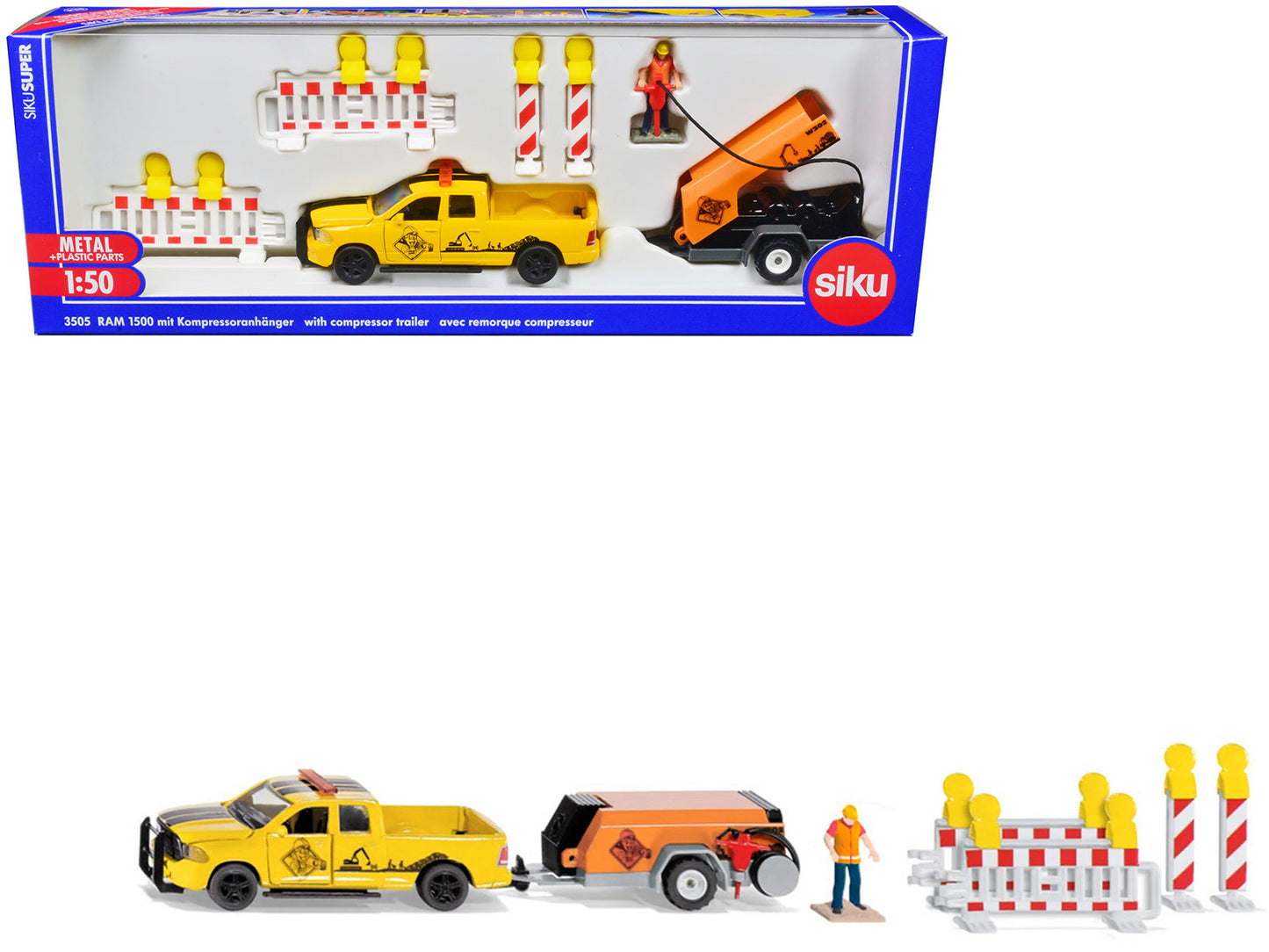 Ram 1500 Pickup Truck Yellow with Compressor Trailer and Worker Figure with Accessories Set 1/50 Diecast Models by Siku  free shipping USA
