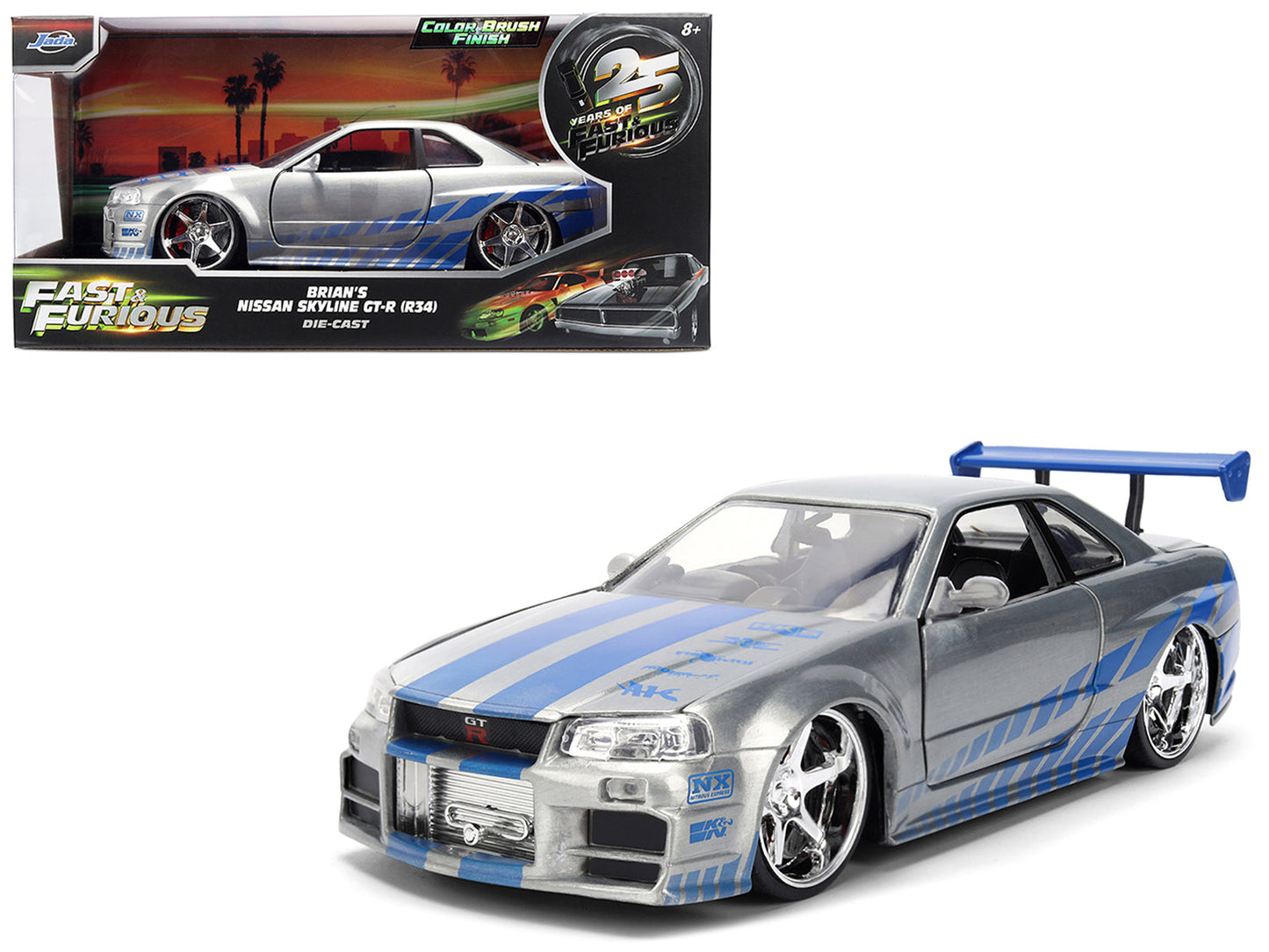 Brian's Nissan Skyline GT-R (R34) RHD (Right Hand Drive) Brush Finish  "2 Fast 2 Furious" (2003) Movie 25 Years of Fast & Furious Anniversary 1/24 by Jada