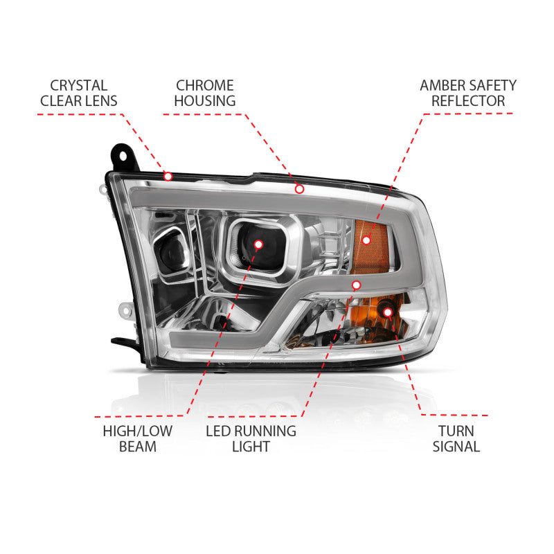 Anzo Dodge Ram 09-18 Projector Plank Style Headlight w/ Halo Chrome Clear A
