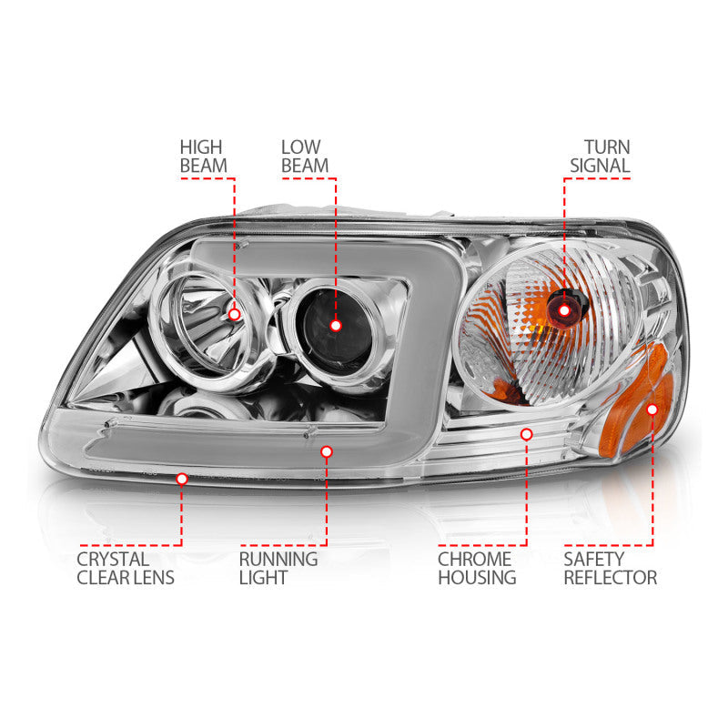 ANZO 1997-2003 Ford F-150 Projector Headlights w/ Light Bar Chrome Housing 111504