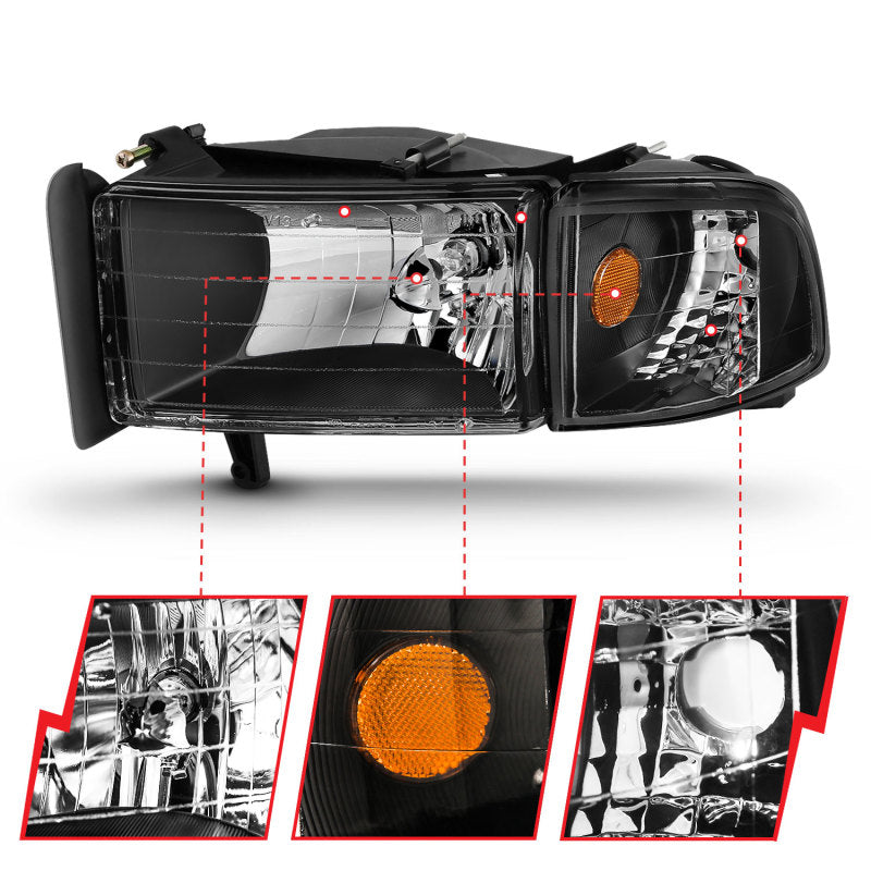 Anzo Black Crystal Headlights 1994-2001 Dodge Ram 1500