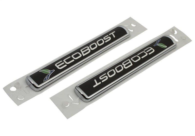 Ford Racing Black/Silver EcoBoost Emblem 3-1/2in x 9/16in - Set of 2 M-1447-EBBLK