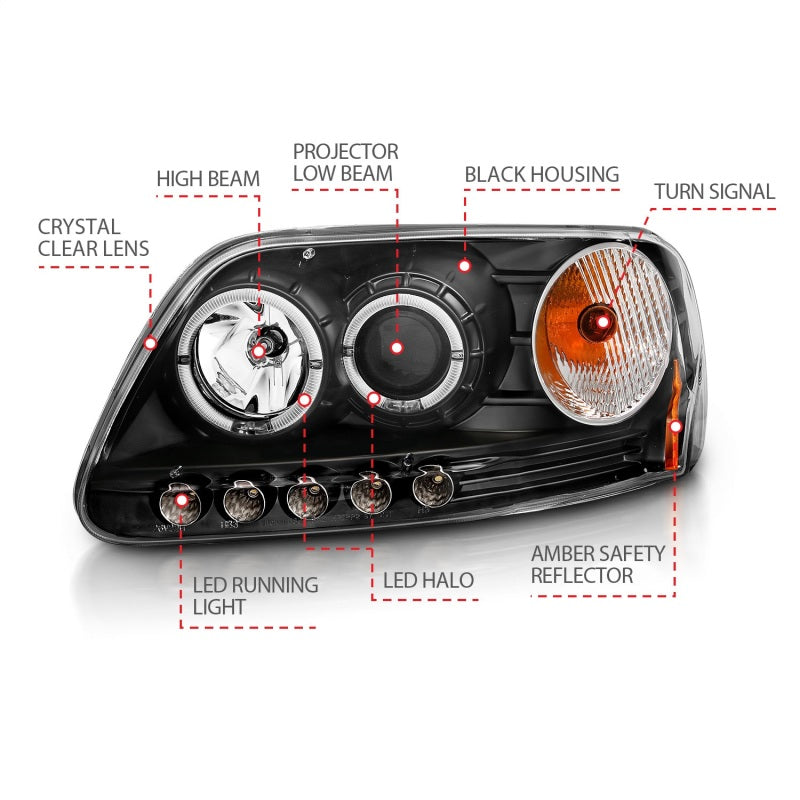 Anzo 1997.5-2003 Ford F-150 Projector Headlights w/ Halo and LED Black 1pc