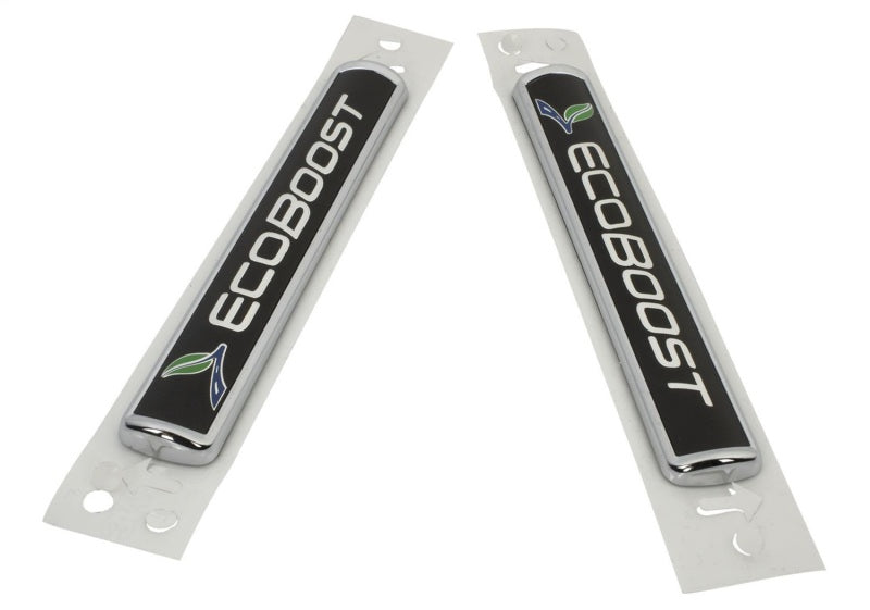 Ford Racing Black/Silver EcoBoost Emblem 3-1/2in x 9/16in - Set of 2 M-1447-EBBLK