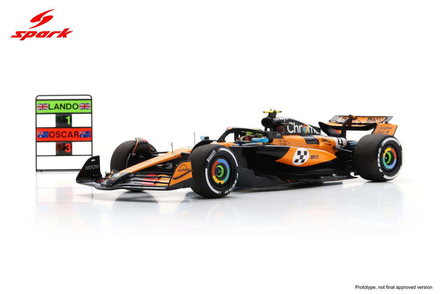 Spark-Model Mclaren F1 Team MCL39 Orange L. Norris #4 Winner Monaco GP 2025 1:18 WITH DISPLAY