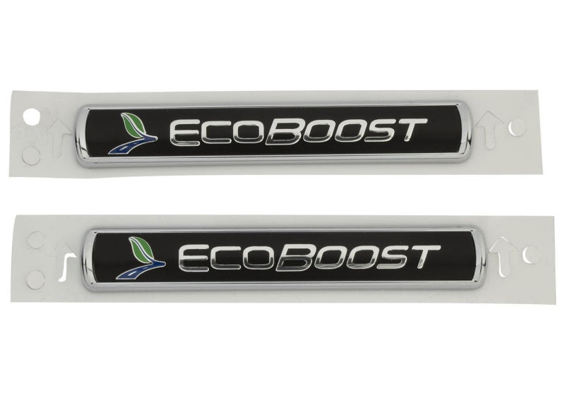 Ford Racing Black/Silver EcoBoost Emblem 3-1/2in x 9/16in - Set of 2 M-1447-EBBLK