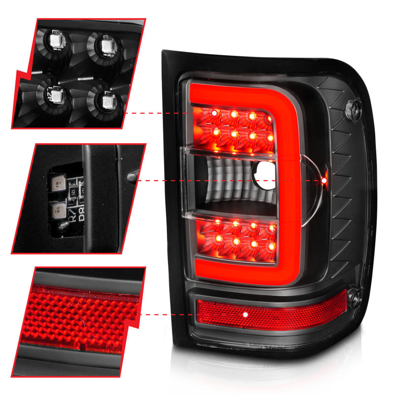 ANZO 2001-2011 Ford  Ranger LED Tail Lights w/ Light Bar Black Housing Clear Lens 311390