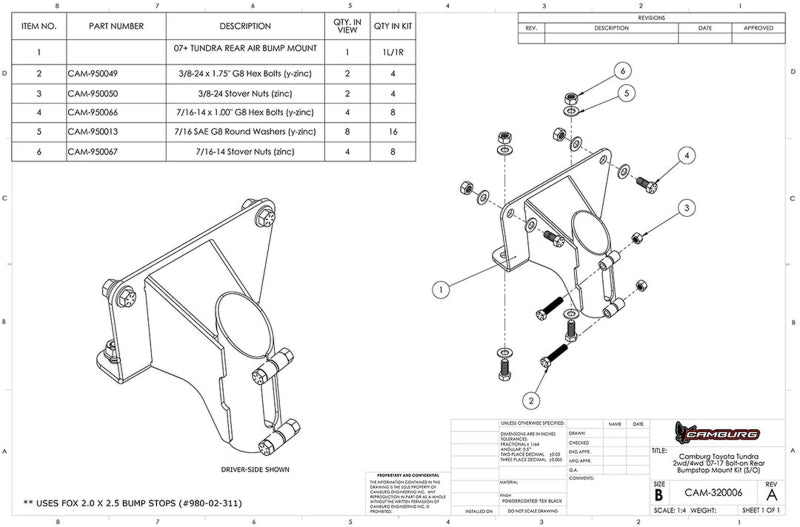 Camburg 07-21 Toyota Tundra 2wd/4wd Bolt-on Rear FOX 2.0 Bump Stop Mount Kit (S/O) CAM-320006