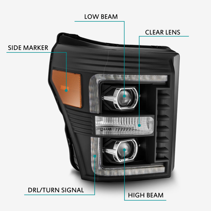 AlphaRex 11-16 Ford F-350 SD LUXX LED Proj Headlights Plank Style Black w/Activ Light/Seq Signal 880146 *Discontinued