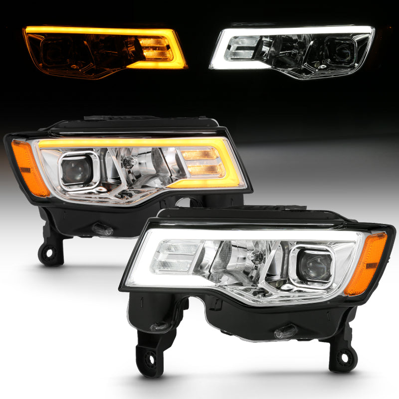 ANZO 2017-2018 Jeep Grand Cherokee Projector Headlights w/ Plank Style Switchback - Chrome w/ Amber 111419