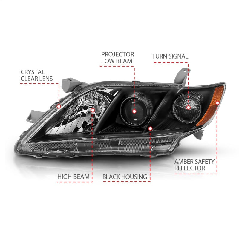 ANZO 2007-2011 Toyota Camry Projector Headlight Black Amber 121539
