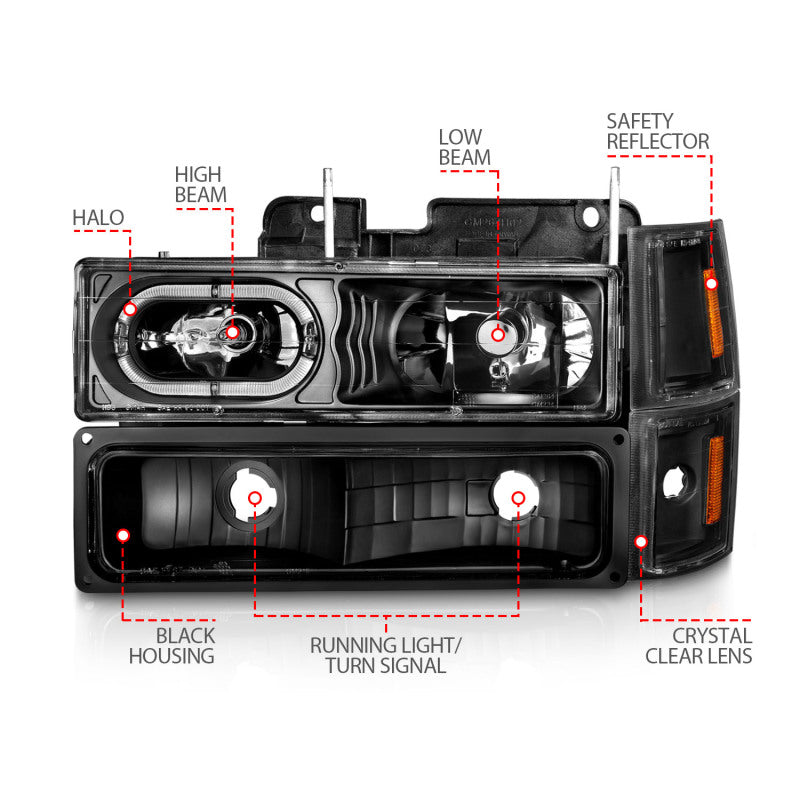 ANZO 88-98 Chevrolet C1500 Crystal Headlights Black Housing w/ Signal and Side Marker Lights 111507