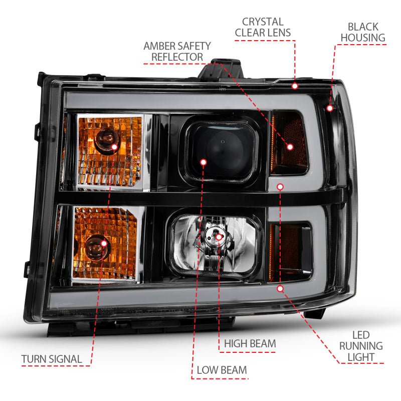 ANZO 2007-2013 Gmc Sierra 1500 Projector Headlight Plank Style Black w/ Clear Lens Amber 111482