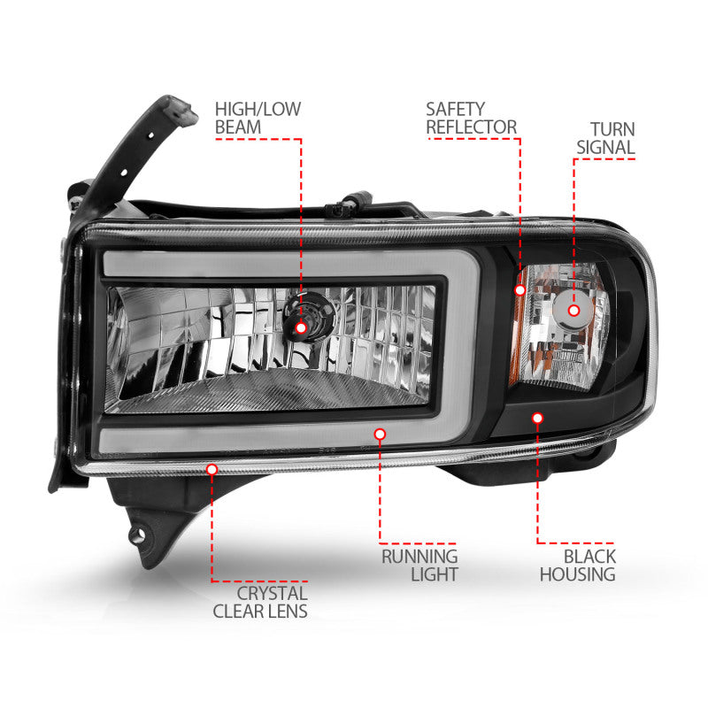 ANZO 94-02 Dodge RAM Crystal Headlight - w/ Light Bar Black Housing 111554
