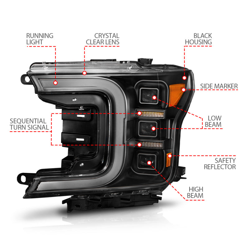 Anzo 18-20 Ford F-150 Full Led Projector Light Bar Headlights Black Amber 111519