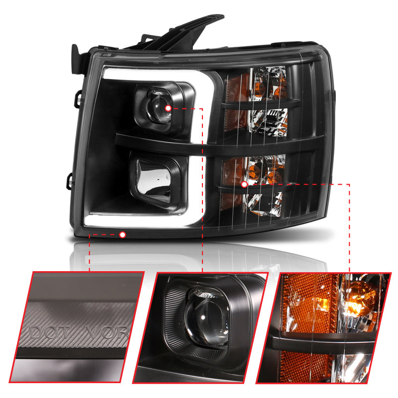 ANZO 07-13 Chevrolet Silverado 1500 Plank Style Projector Headlights Black w/ Amber 111410