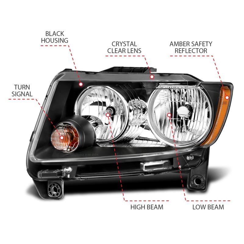 ANZO 2011-2013 Jeep Grand Cherokee Crystal Headlighs Black (Halogen) 111432