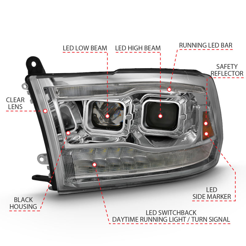 ANZO 2009-2018 Dodge Ram 1500 Projector H.L. Switchback Black Amber 111441