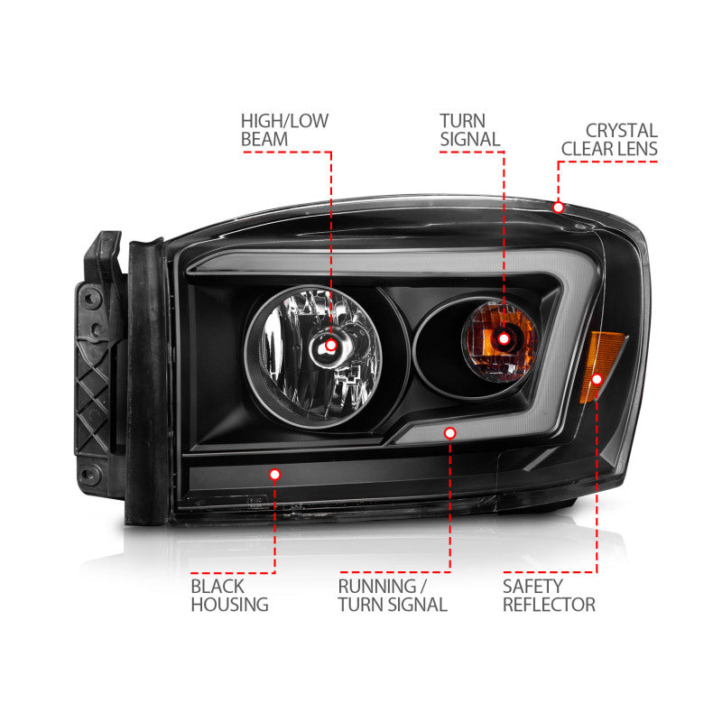 Anzo 06-09 Dodge RAM 1500/2500/3500 Headlights Black Housing/Clear Lens (w/Switchback Light Bars) 111526
