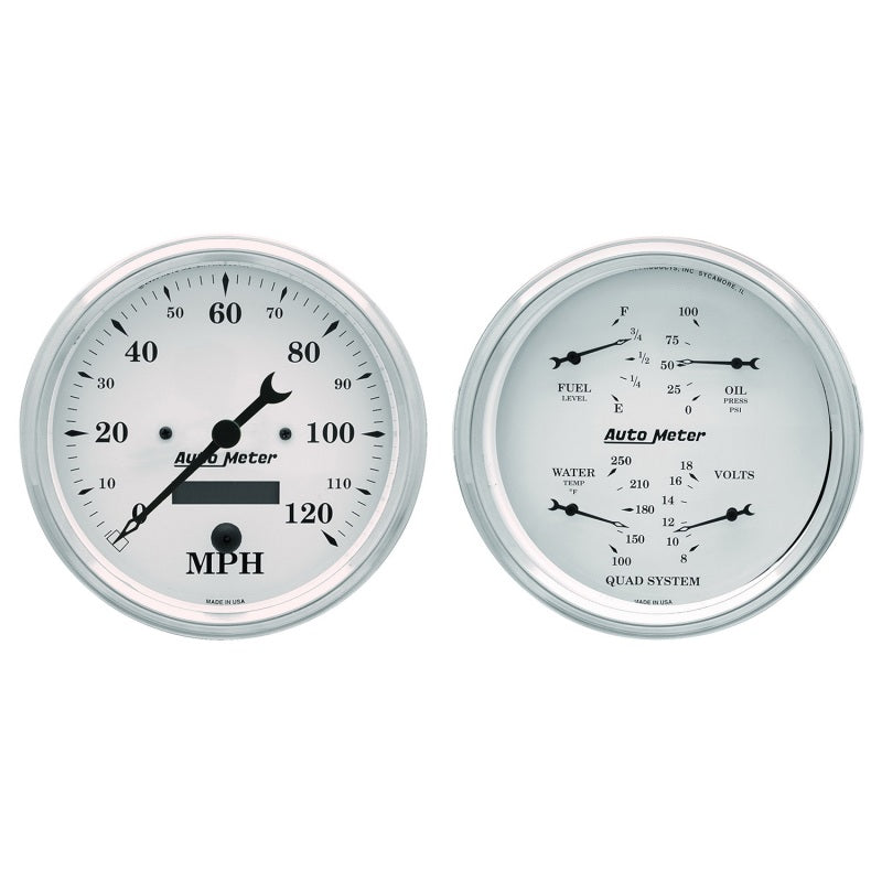 AutoMeter Gauge Kit 2 Pc. Quad & Speedometer 5in. Old Tyme White 1603