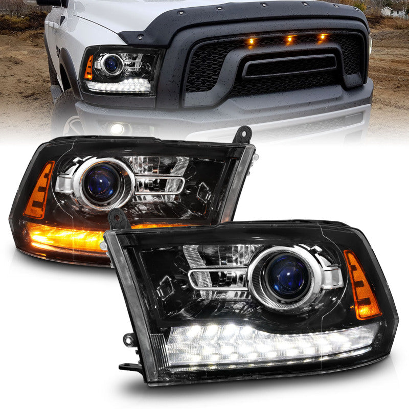 ANZO 09-18 Dodge 1500-3500 LED Plank Style Headlights w/Switchback+Sequential Hyper Black (OE Style) 111608