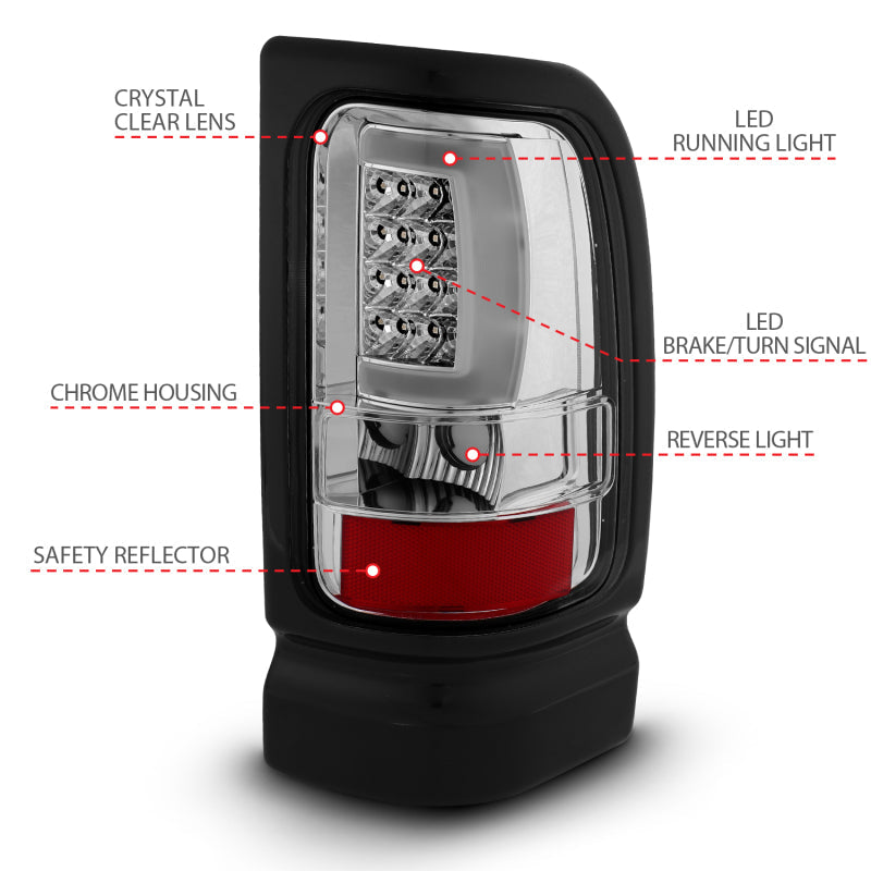ANZO 1994-2001 Dodge Ram 1500 LED Taillights Plank Style Chrome w/ Clear Lens 311341