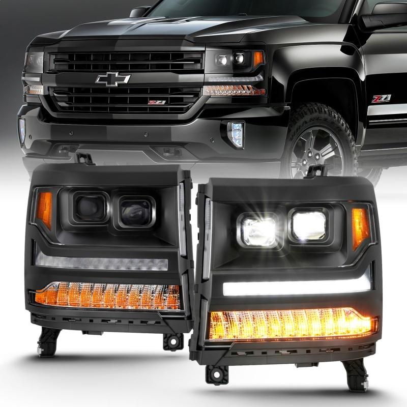 ANZO 16-18 Chevrolet Silverado 1500 LED Projector Headlights w/Plank Style Switchback Black w/ Amber 111420