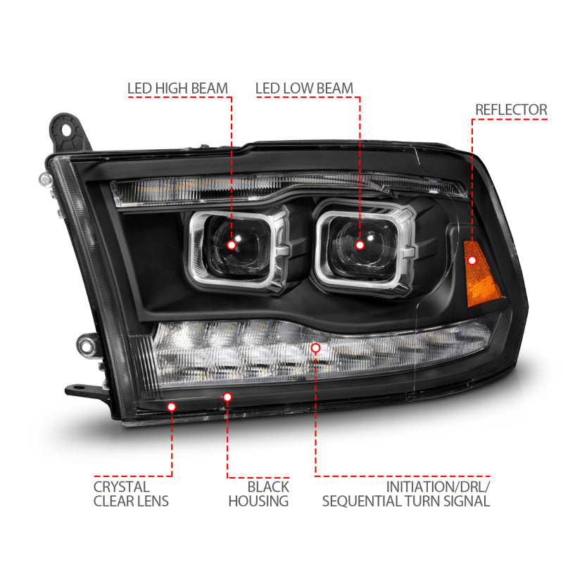 ANZO 09-18 Dodge Ram 1500/2500/3500 Full LED Proj Headlights w/Switchback Light Bar - Black 111595