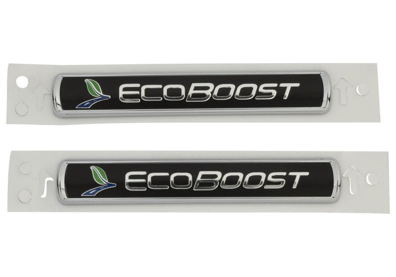 Ford Racing Black/Silver EcoBoost Emblem 3-1/2in x 9/16in - Set of 2 M-1447-EBBLK