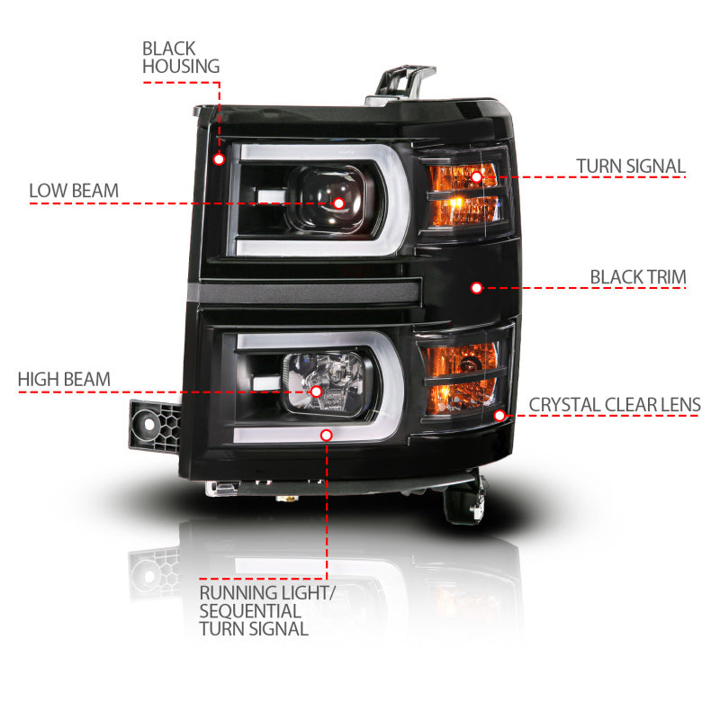 ANZO 14-15 Chevy Silverado 1500 Black Dual Switchback+Sequential LED Tube Sq. Projector Headlights 111617