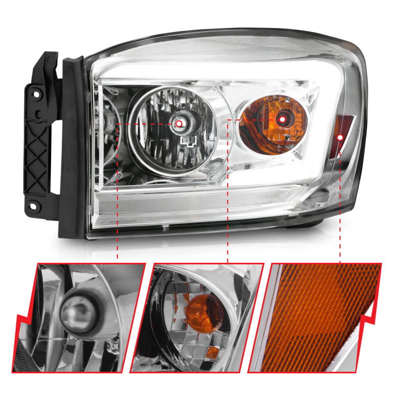 Anzo 06-09 Dodge RAM 1500/2500/3500 Headlights Chrome Housing/Clear Lens (w/ Light Bars) 111525