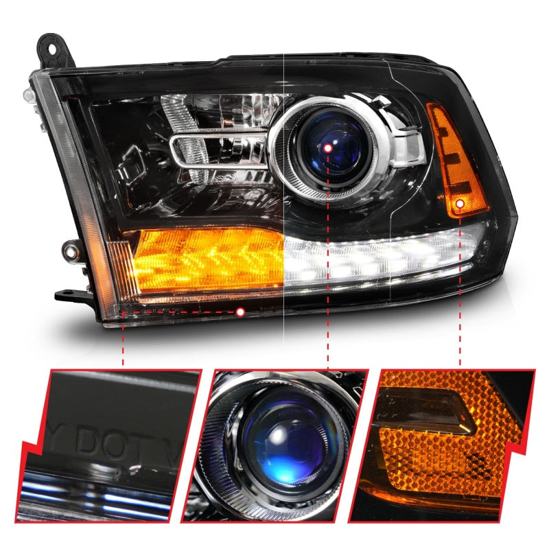 ANZO 09-18 Dodge 1500-3500 LED Plank Style Headlights w/Switchback+Sequential Hyper Black (OE Style) 111608