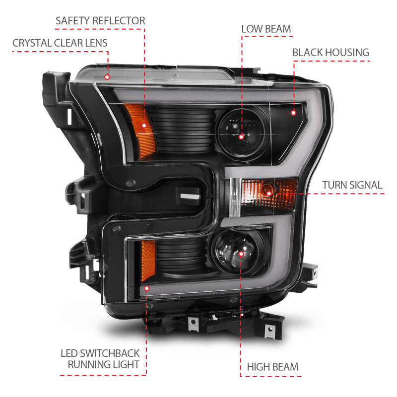 Anzo 2015-2016 Ford F-150 Projector Headlights w/ Plank Style Switchback Bl