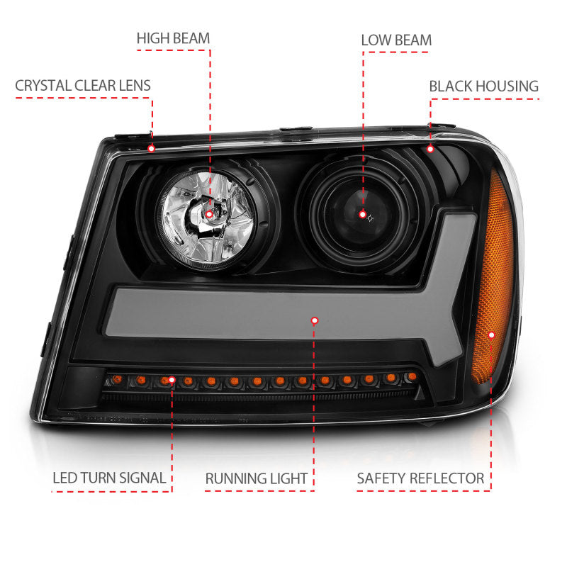 ANZO 2006-2009 Chevrolet Trailblazer Projector Headlights w/ Plank Style Design Black w/ Amber 111390
