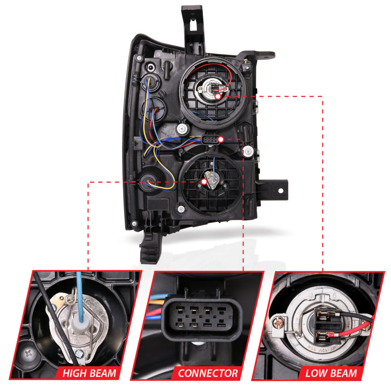 ANZO 14-15 Chevrolet Silverado 1500 Projector Headlights w/ Plank Style Switchback Black w/ Amber 111412