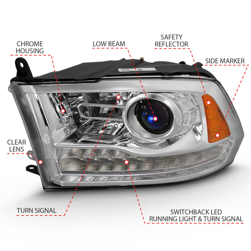 ANZO 2009-2018 Dodge Ram 1500 Projector Plank Style Switchback H.L Halo Chrome Amber (OE Style) 111440