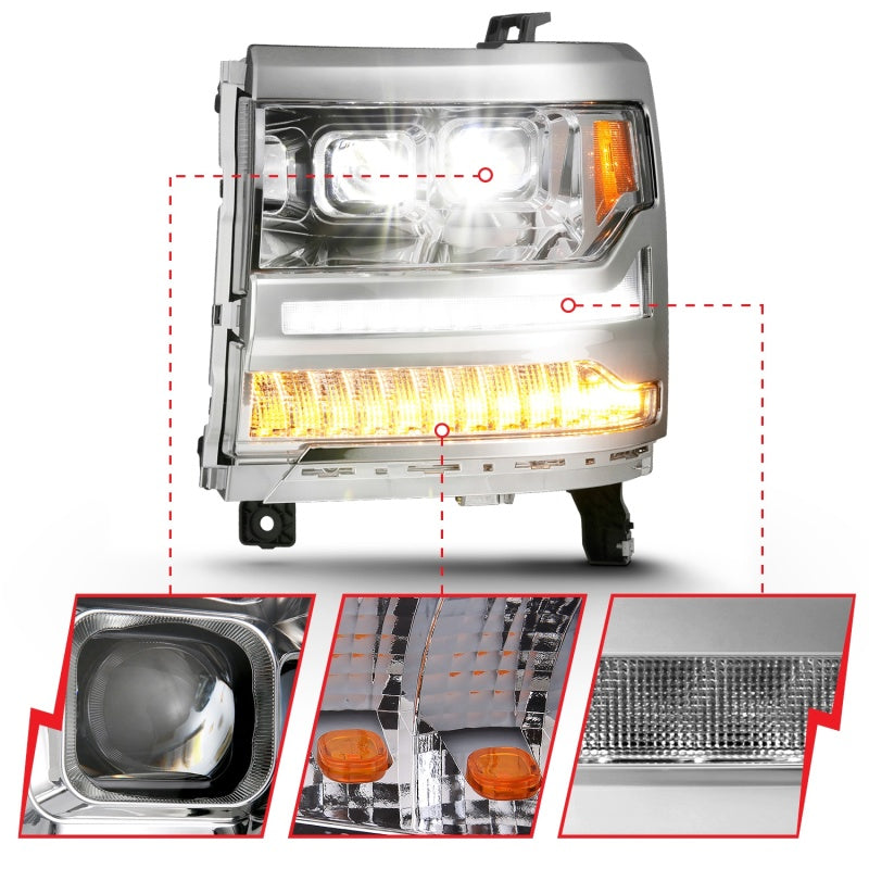 ANZO 16-18 Chevrolet Silverado 1500 LED Projector Headlights w/Plank Style Switchback Chrome w/Amber 111421