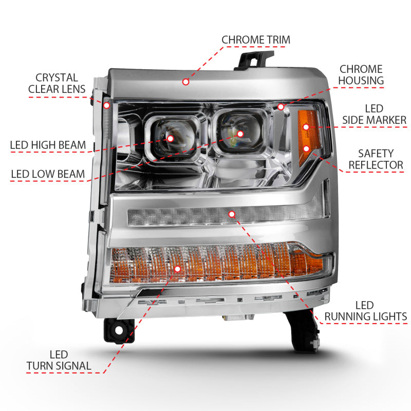 ANZO 16-18 Chevrolet Silverado 1500 LED Projector Headlights w/Plank Style Switchback Chrome w/Amber 111421