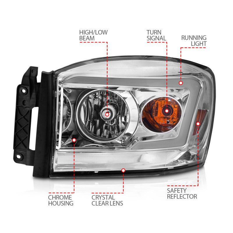 Anzo 06-09 Dodge RAM 1500/2500/3500 Headlights Chrome Housing/Clear Lens (w/Switchback Light Bars) 111527