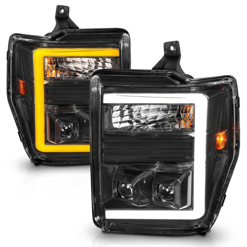 ANZO 08-10 Ford F-250 - F-550 Super Duty Projector Headlights w/ Light Bar Switchback Black Housing 111586
