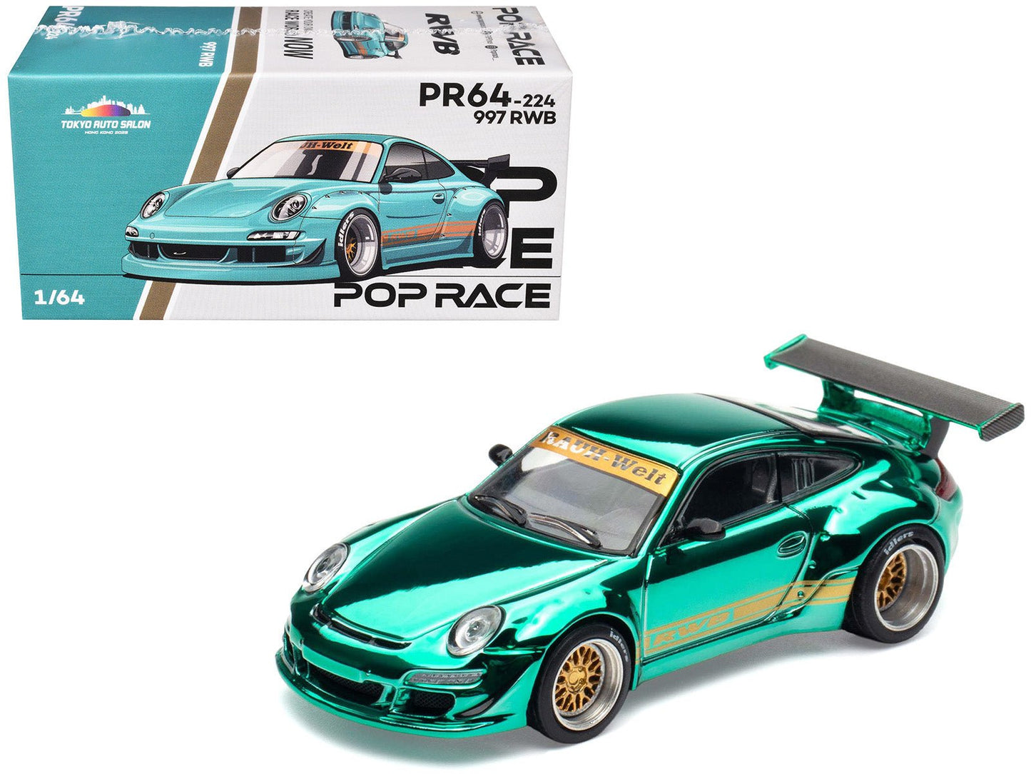997 RWB Spectraflame Teal with Gold Stripes "Tokyo Auto Salon - Hong Kong 2025" 1/64 Diecast Model Car by Pop Race  free shipping USA